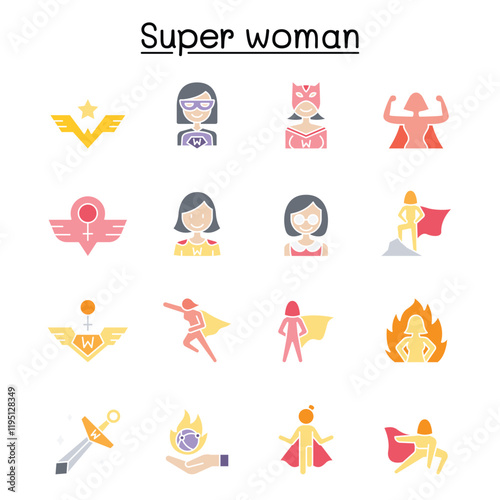 Super woman icon set in thin line style