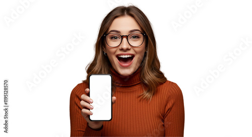 Joyful young woman enthusiastically displaying a phone with a blank screen