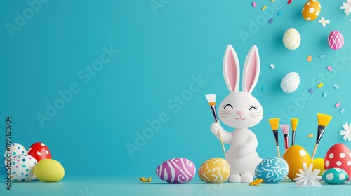 Smiling bunny sitting in a meadow painting Easter eggs with colorful brushes