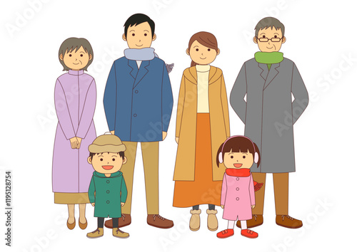 正面を向いた冬服の6人の家族のイメージイラスト_主線あり
