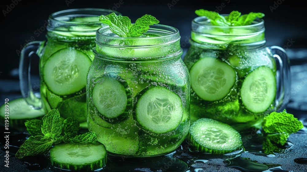 Refreshing Cucumber Mint Beverage with Fresh Ingredients and Bubbles in Glass Jars on Dark Background for Summer Celebrations and Wellness Marketing Refreshing Cucumber Mint Beverage with Fresh Ingredients and Bubbles in Glass Jars on Dark Background for Summer Celebrations and Wellness Marketing