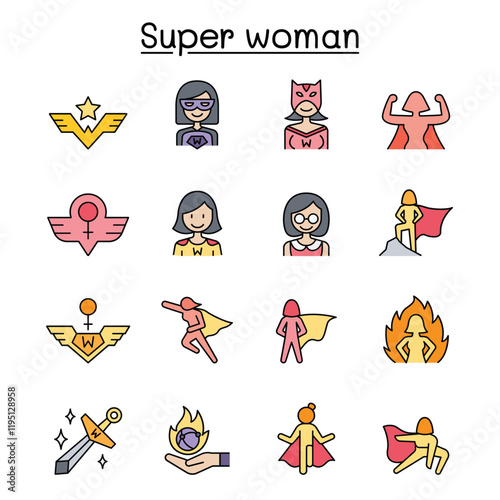 Super woman icon set in thin line style