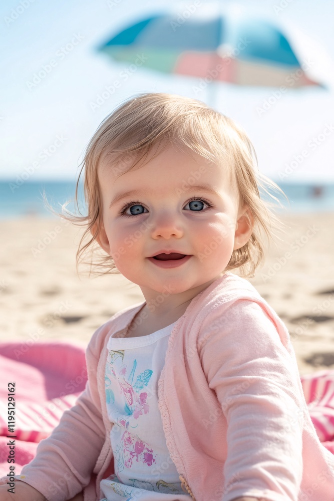 Cute baby girl on the beach, wearing pink summer clothes, happy expression, blue eyes, soft light, clear sky, calm sea 1 Cute baby girl on the beach, wearing pink summer clothes, happy expression, blue eyes, soft light, clear sky, calm sea 1