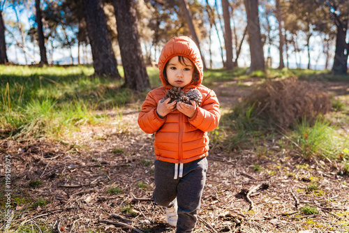Baby toddler walking in the woods carrying pines in nature wearing jacket. Concept of outdoors activities and exploration for children during childhood