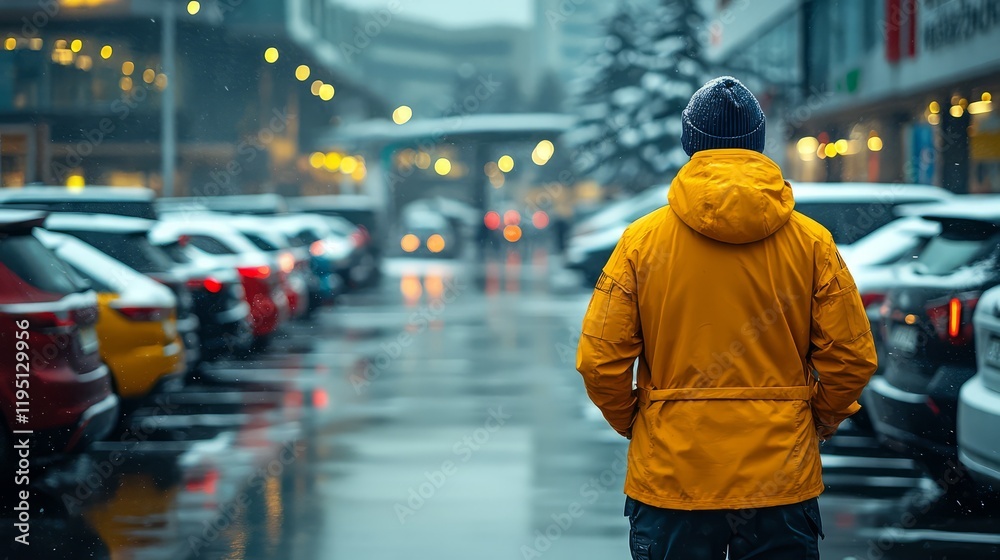 A person in a yellow jacket stands in a rainy parking lot, reflecting on the day. A person in a yellow jacket stands in a rainy parking lot, reflecting on the day.