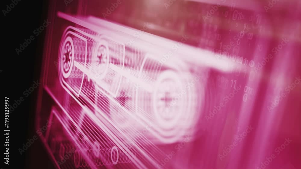 Audio Cassette tape retro 80s music record symbol abstract digital concept. Global network and cyber technology background seamless and looped 3d animation.