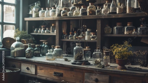 Wallpaper Mural A rustic apothecary filled with glass jars, herbs, and natural elements for herbal remedies. Torontodigital.ca