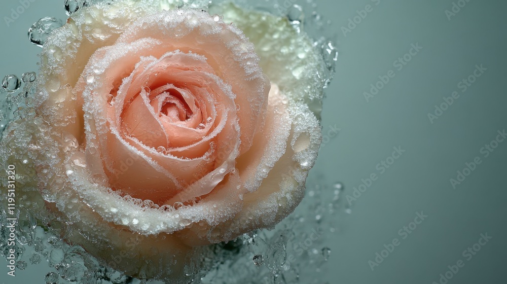 Fototapeta premium Delicate Pink Rose Preserved in Ice with Water Droplets, Capturing the Beauty of Nature and Space in a Sublime Display of Elegance and Fragility