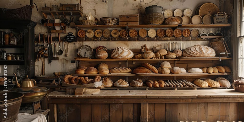 Fototapeta premium A rustic bakery display filled with various types of freshly baked bread and pastries.
