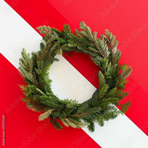 A green Christmas wreath lying on top of a red background that has a wide white diagonal stripe running from top left corner to bottom right corner.