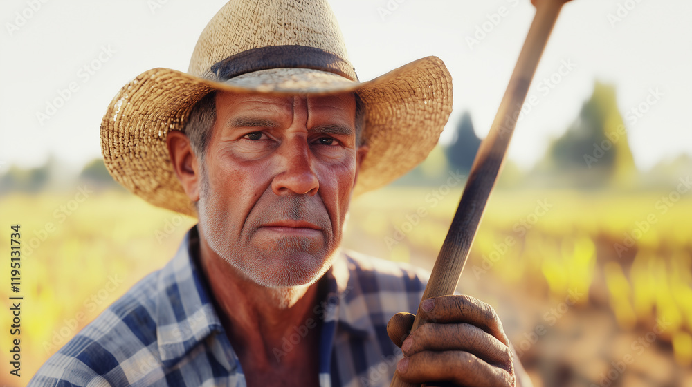 Fototapeta premium Rural farmer in a hat standing proudly in a cornfield