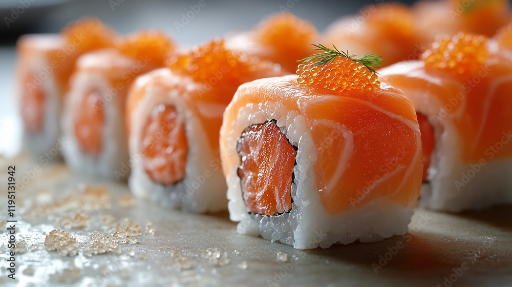 Sushi with salmon and caviar, fresh sushi rolls on the table. Close-up of Japanese food in a restaurant or at home for an elegant dinner party, a healthy eating concept Sushi with salmon and caviar, fresh sushi rolls on the table. Close-up of Japanese food in a restaurant or at home for an elegant dinner party, a healthy eating concept