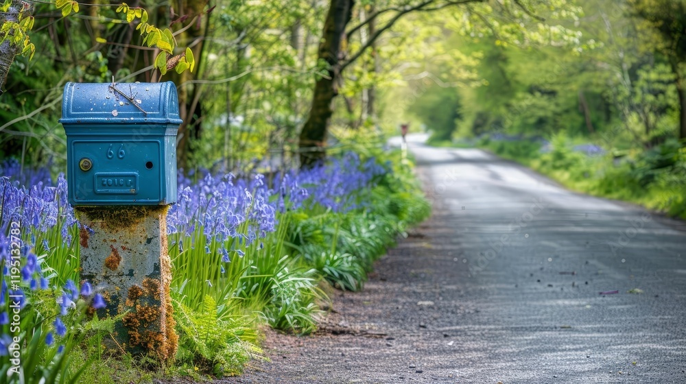 A rustic blue mailbox beside a serene road lined with blooming flowers and greenery. A rustic blue mailbox beside a serene road lined with blooming flowers and greenery.