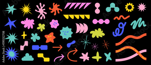 Set of creative design elements, bright colorful abstract retro shapes, stars, arrows, wavy lines, flowers, smiley faces etc. Bold decoration for modern graphic projects, posters, covers, banners.