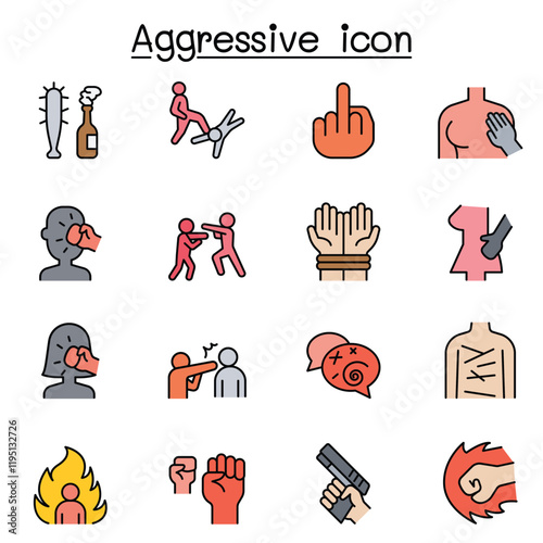 Set of Violence Related Vector Line Icons. Contains such Icons as human trafficking, sexual harassment, bully, angry, hit, rude, brawl and more.