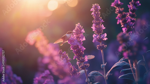 Anna's Hummingbird in flight with purple flower photo