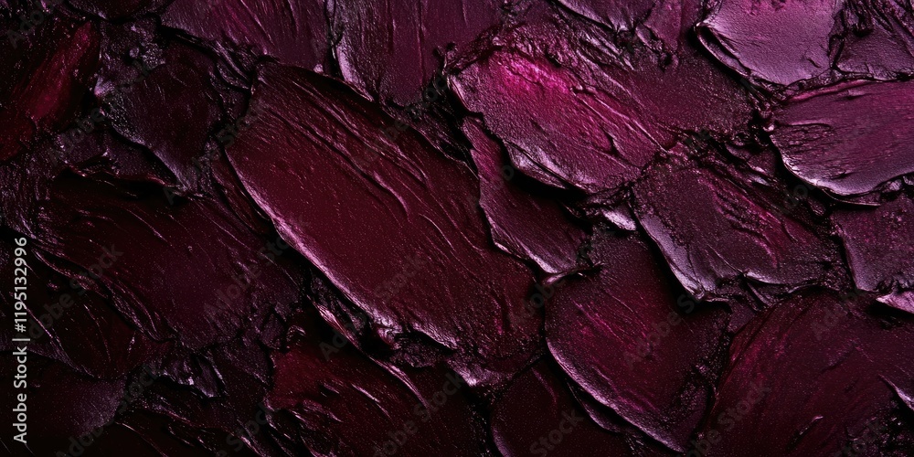 Obraz premium Dark vine-colored lipstick smudge texture against a dark background featuring varying shades of purple with ample copy space in the center