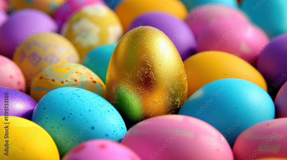 Colorful Easter eggs in various shades surround shiny golden egg, creating festive and joyful atmosphere. Perfect for celebrating spring and holiday traditions Colorful Easter eggs in various shades surround shiny golden egg, creating festive and joyful atmosphere. Perfect for celebrating spring and holiday traditions