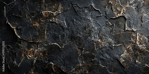 Textured dark wall surface with cracked patterns in shades of black and dark gray, showcasing a rough, aged appearance with subtle highlights. photo