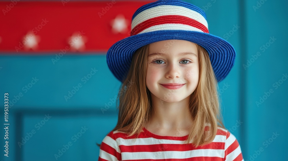 A cheerful young girl in a striped shirt and patriotic hat smiles against a colorful backdrop, embodying festive spirit. A cheerful young girl in a striped shirt and patriotic hat smiles against a colorful backdrop, embodying festive spirit.