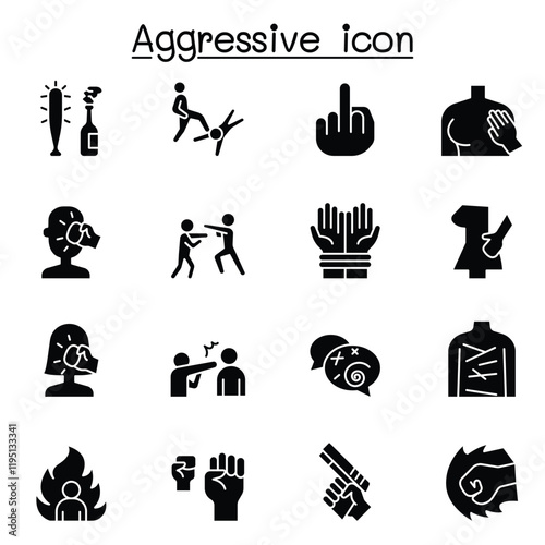 Set of Violence Related Vector Line Icons. Contains such Icons as human trafficking, sexual harassment, bully, angry, hit, rude, brawl and more.