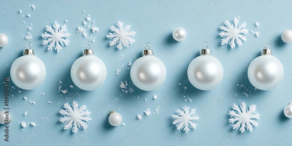 Arrangement of five white pearlescent Christmas baubles on light blue background with snowflakes and scattered snow. Elegant holiday decor elements. Arrangement of five white pearlescent Christmas baubles on light blue background with snowflakes and scattered snow. Elegant holiday decor elements.