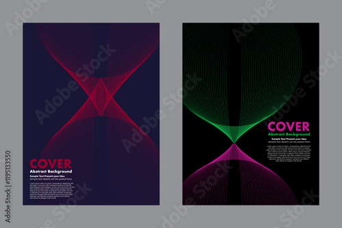 Dynamic vector abstract background featuring symmetrical curved lines in vibrant colors like hues of red on blue and green with magenta, creating a futuristic and modern aesthetic. For cover, poster 