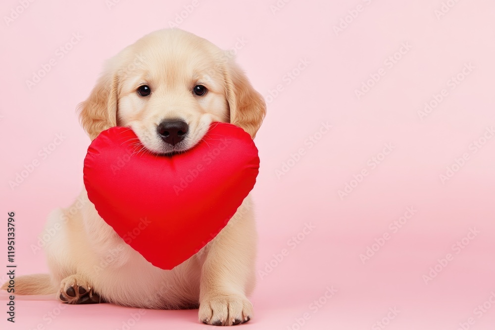 Minimalist Portrait of Golden Retriever Puppy with Heart-Shaped Pillow for Valentine's Day Decor and Cards Minimalist Portrait of Golden Retriever Puppy with Heart-Shaped Pillow for Valentine's Day Decor and Cards