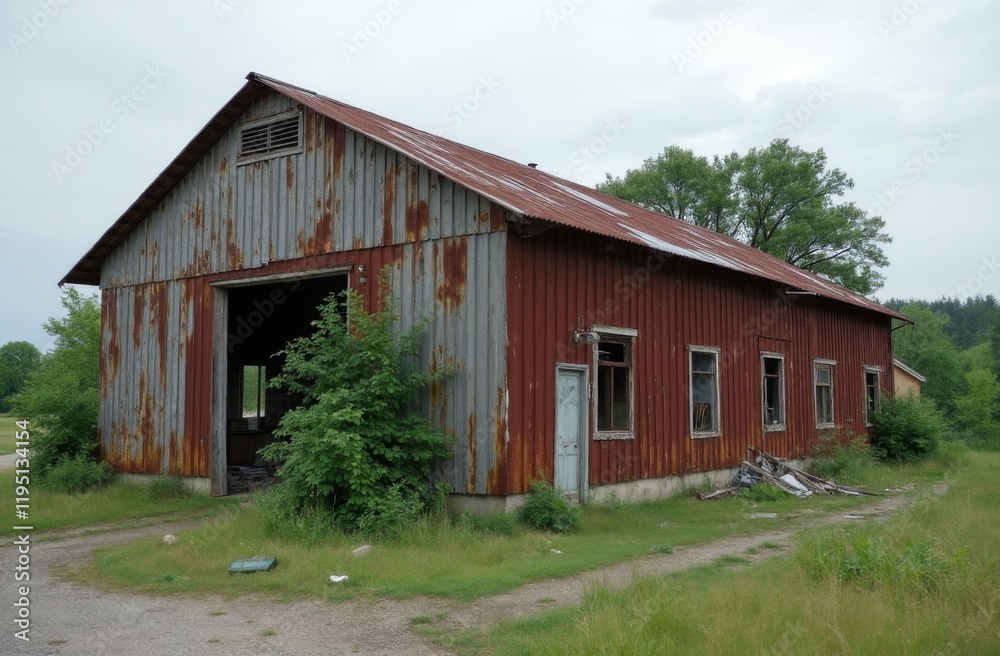 Old, rusted red barn with corrugated metal siding and broken windows surrounded by overgrown grass and trees under an overcast sky Old, rusted red barn with corrugated metal siding and broken windows surrounded by overgrown grass and trees under an overcast sky