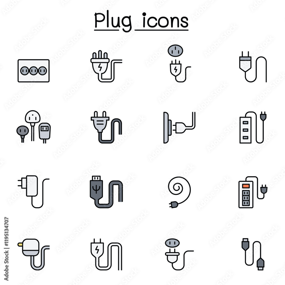 Plug, usb, cable, socket icon set in thin line style Plug, usb, cable, socket icon set in thin line style