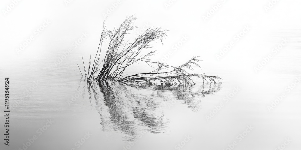 Obraz premium Monochrome image of dehydrated wild grass submerged in calm water with delicate reflections, featuring soft shades of gray and white tones.