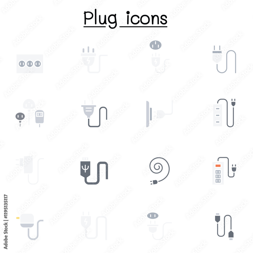 Plug, usb, cable, socket icon set in thin line style