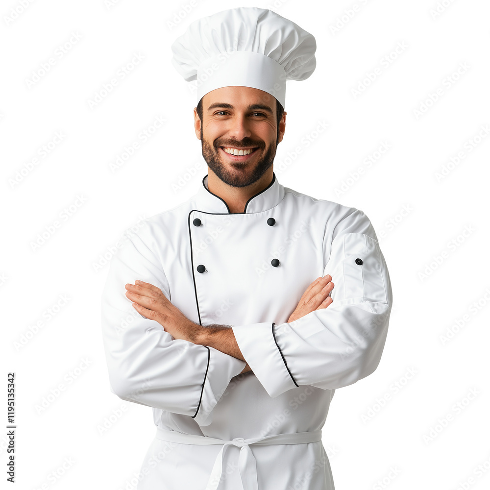 Smiling professional chef in white uniform isolated on transparent background Smiling professional chef in white uniform isolated on transparent background