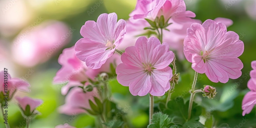 Delicate pink geranium flowers in soft focus against a lush green backdrop create a dreamy summer garden scene with a vibrant, tranquil ambiance. Delicate pink geranium flowers in soft focus against a lush green backdrop create a dreamy summer garden scene with a vibrant, tranquil ambiance.
