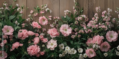 Soft pink flowers with lush greenery arranged in a horizontal format against a warm wooden backdrop, creating a serene natural ambiance.