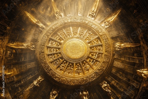 Minimalist Design of the Wheel of Samsara in Golden Light - Spiritual and Symbolic Imagery photo