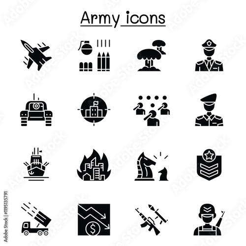 War & army icons set in thin line style