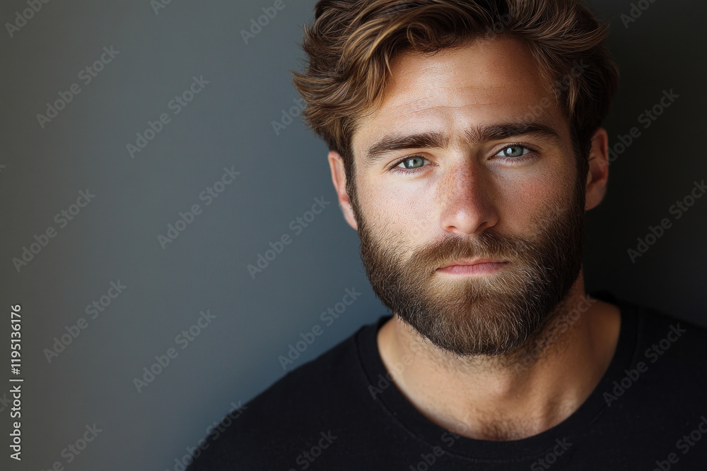 Fototapeta premium Man with beard in black shirt sitting on bench in park, reading book under tree, surrounded by colorful autumn leaves.