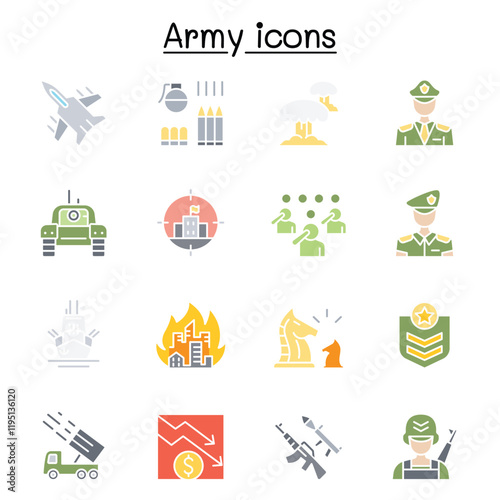 War & army icons set in thin line style