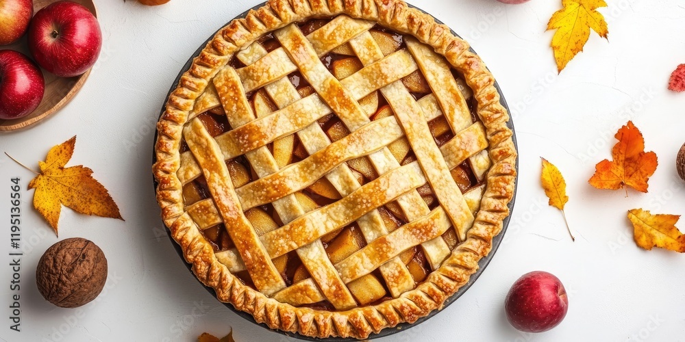 Traditional American apple pie with a golden lattice crust positioned center, surrounded by red apples and autumn leaves on a white background. Traditional American apple pie with a golden lattice crust positioned center, surrounded by red apples and autumn leaves on a white background.