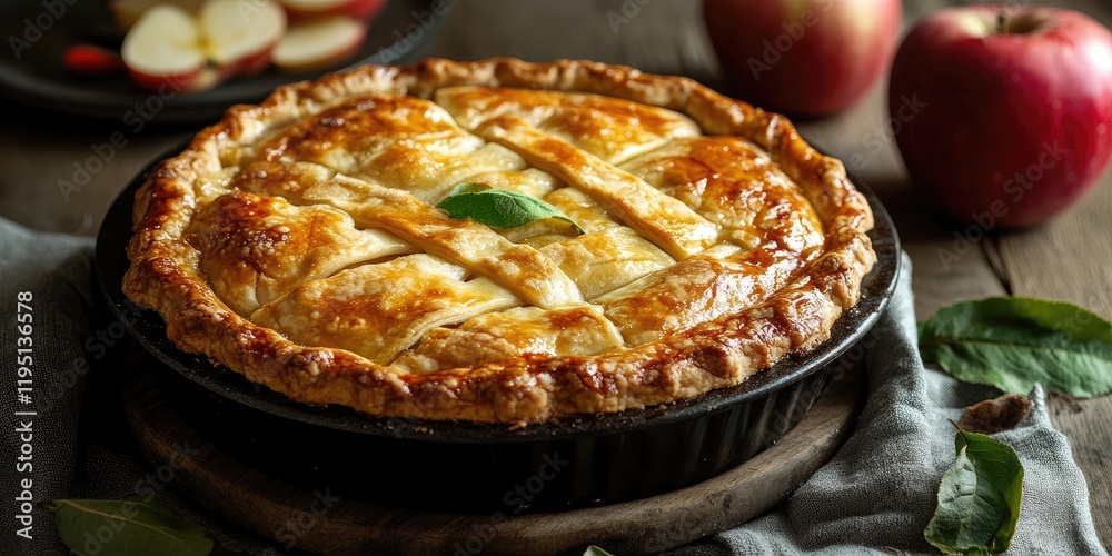 A freshly baked golden apple pie with a flaky crust sits in a black pie dish surrounded by red apples and green leaves on a wooden table.