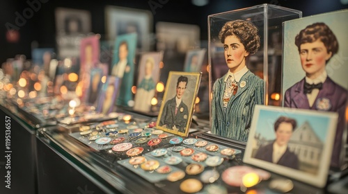 A tribute to the women s suffrage movement with glowing banners, pins, and portraits of suffragettes