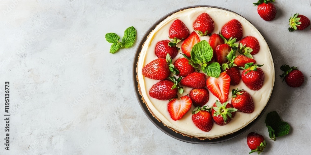 Homemade cheesecake topped with fresh red strawberries and mint leaves on a dark plate against a light textured background in a top view angle Homemade cheesecake topped with fresh red strawberries and mint leaves on a dark plate against a light textured background in a top view angle