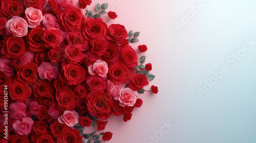 Lovely valentine's day celebration with a massive background of roses wedding invitation in a romantic environment cinematic top view shot