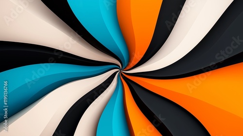 Abstract background with colorful stripes in a swirling pattern. The color palette includes orange, black, blue, white, and cream.
