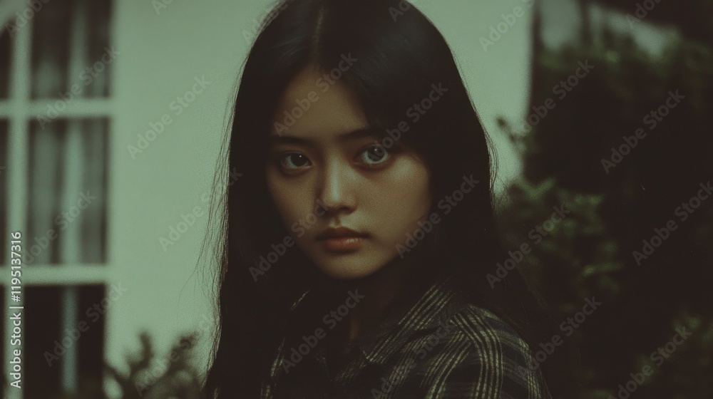 A woman with long dark hair gazes intently, framed by subtle green light in an atmospheric, introspective portrait. A woman with long dark hair gazes intently, framed by subtle green light in an atmospheric, introspective portrait.