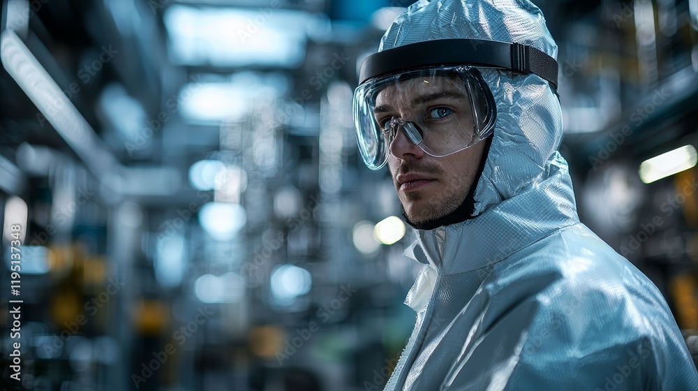 A focused scientist in protective gear examines surroundings in a high-tech laboratory, ensuring safety and precision in research.