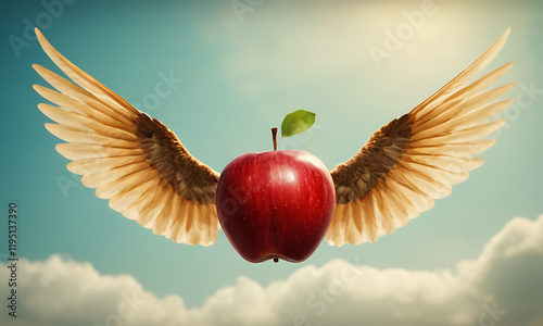 red apple with wings in the sky flying, simple flying red apple on sky background, red apple flying as angel