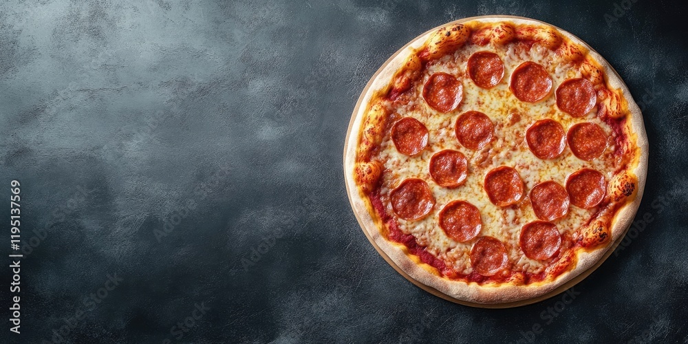 Delicious pepperoni pizza on a wooden board against a dark textured backdrop overhead view ample copy space on the right side Delicious pepperoni pizza on a wooden board against a dark textured backdrop overhead view ample copy space on the right side
