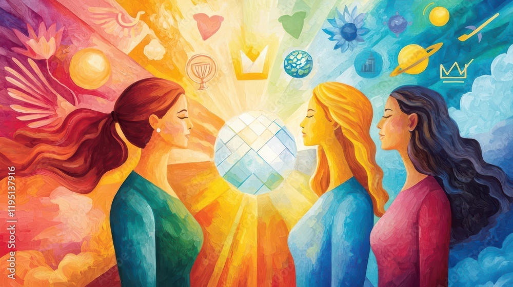 A vibrant depiction of women breaking through glass ceilings, glowing with empowerment and surrounded by symbols of progress